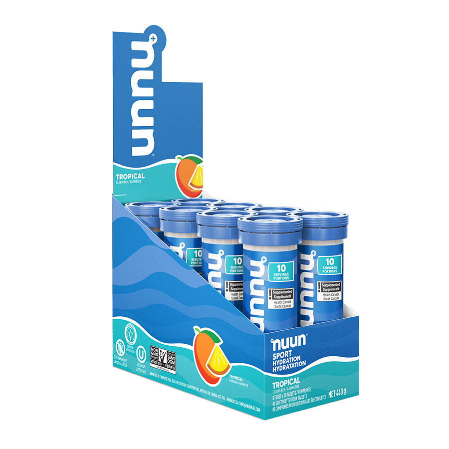 Nuun Sport Citrus Fruit drink mix box with 8 packets, each providing 10 servings of flavored sport hydration mix.
