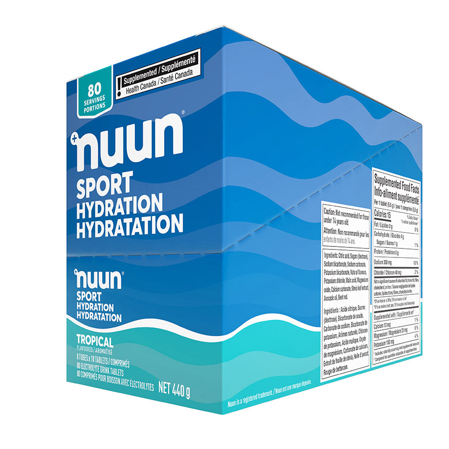 Nuun Sport Citrus Fruit drink mix box with 8 packets, each providing 10 servings of refreshing citrus-flavored hydration.