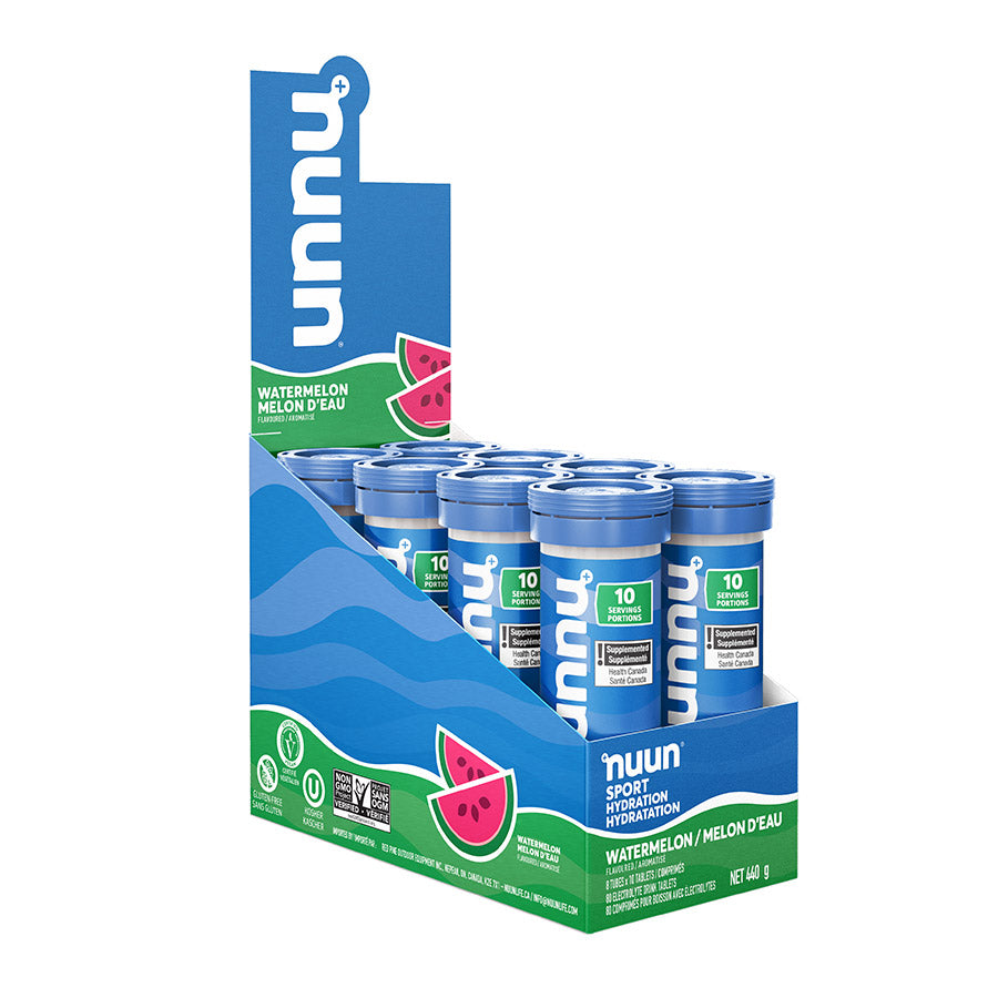 Nuun Sport Citrus Fruit Drink Mixes box with 8 packets, each providing 10 servings of flavored electrolyte drink.