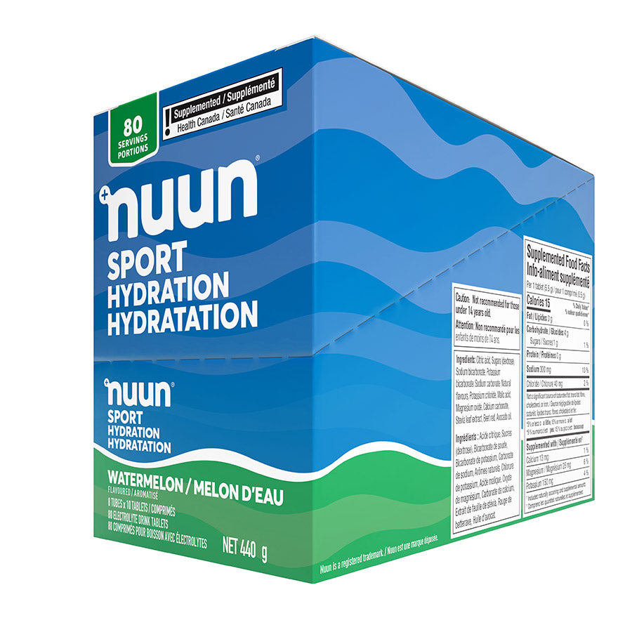 Nuun Sport citrus fruit drink mix box with 8 packets, each providing 10 servings of flavored hydration for active lifestyles.