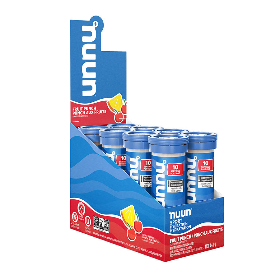 Nuun Sport citrus fruit drink mix box with 8 packets, each providing 10 servings of flavored hydration powder.
