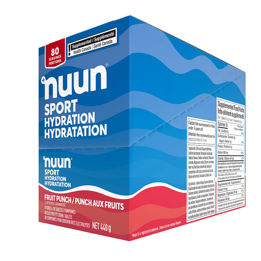 Nuun Sport citrus fruit flavored drink mix box with 8 pouches, each providing 10 servings of hydration and electrolyte replenishment.