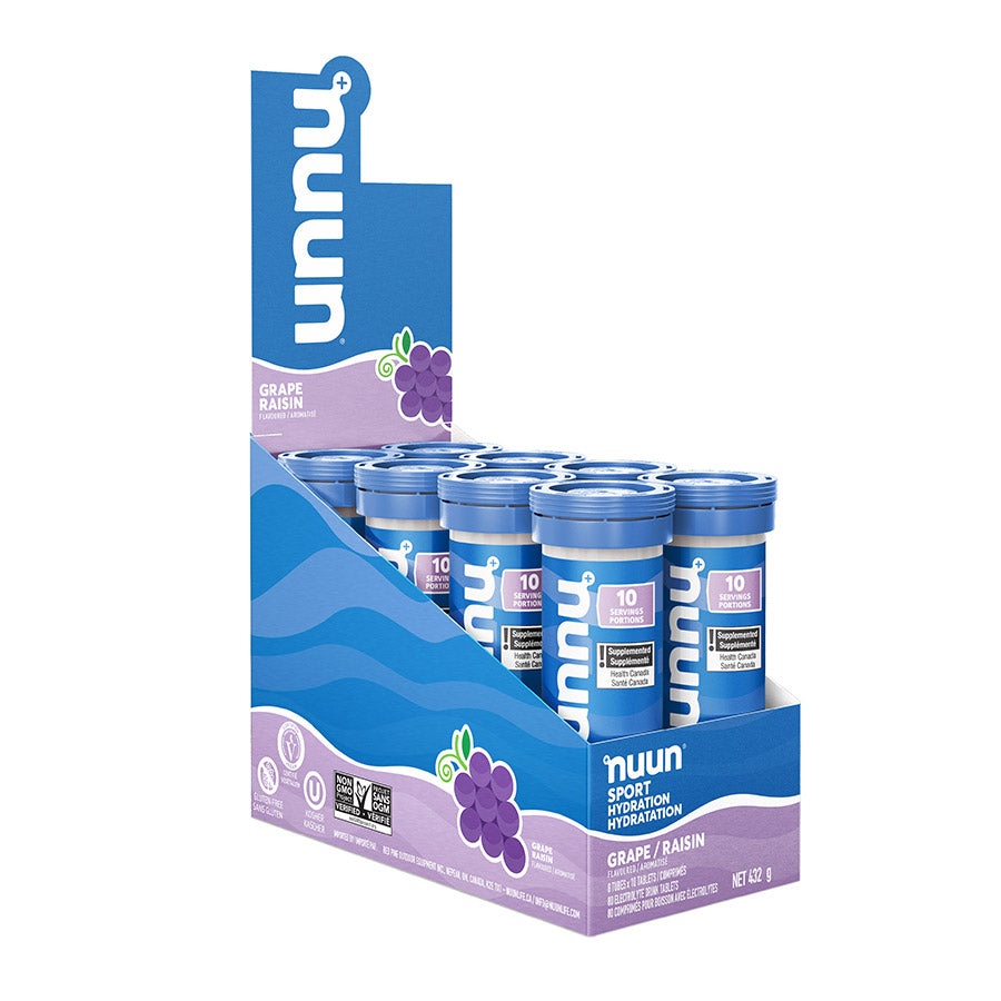 Nuun Sport citrus fruit drink mix box with 8 pouches, each providing 10 servings of flavored electrolyte hydration.