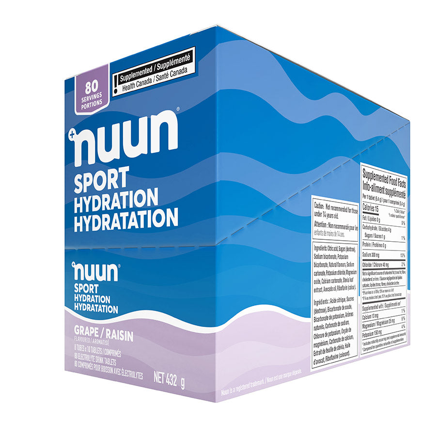 Nuun Sport citrus fruit drink mix box with 8 pouches, each providing 10 servings of flavored electrolyte hydration.