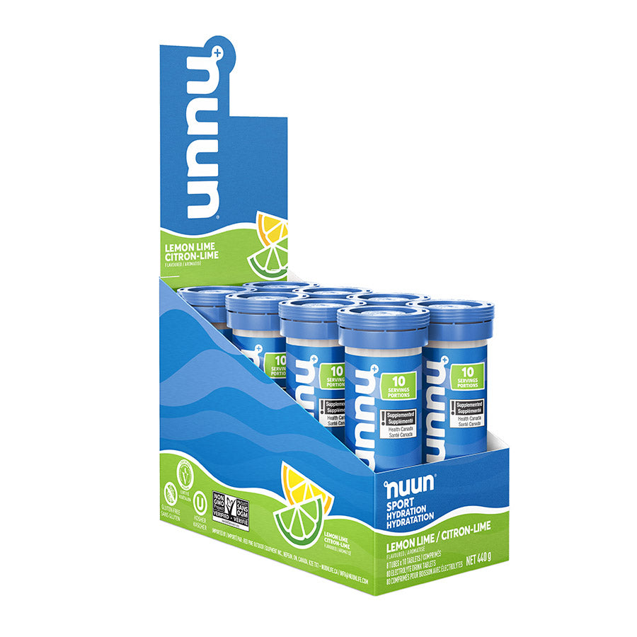 Nuun Sport citrus fruit drink mix box with 8 packs, each containing 10 servings of electrolyte hydration powder.