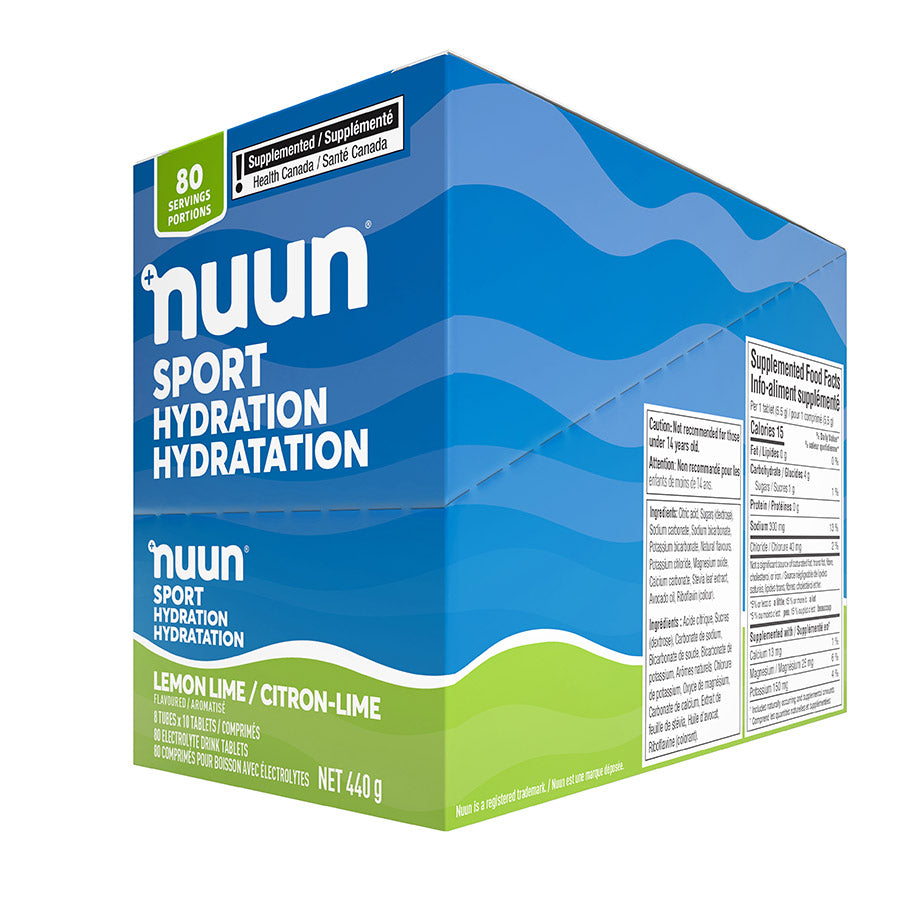 Nuun Sport citrus fruit drink mix box with 8 packets, each serving 10 drinks, in colorful packaging.