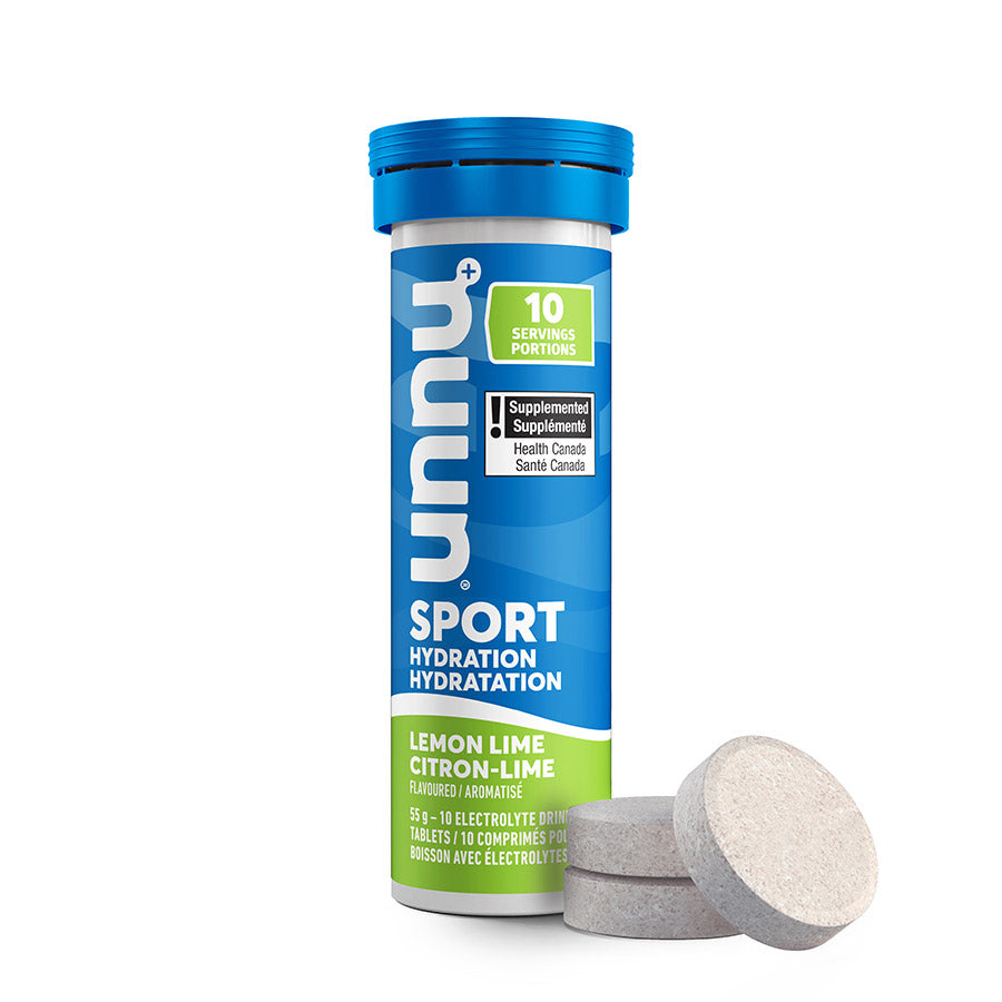Nuun Sport Citrus Fruit drink mix box with 8 packets, each providing 10 servings of flavored hydration powder.