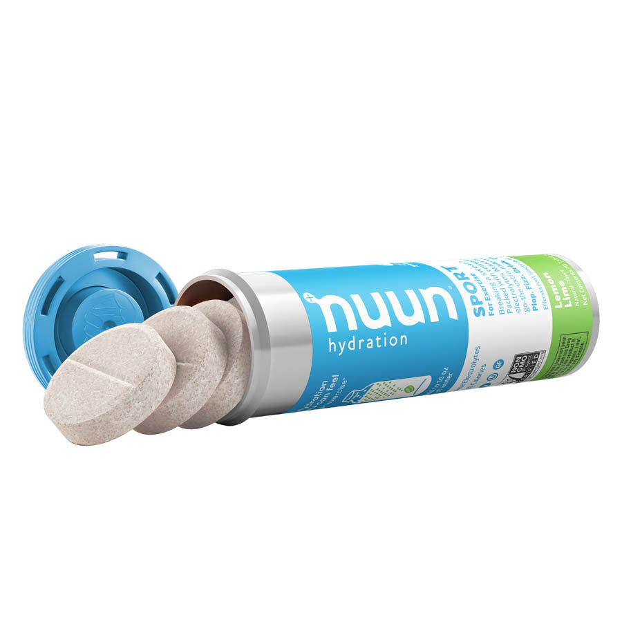Nuun Sport Tri-Berry drink mix box with 8 servings, featuring colorful packets of flavored electrolyte powder for hydration.