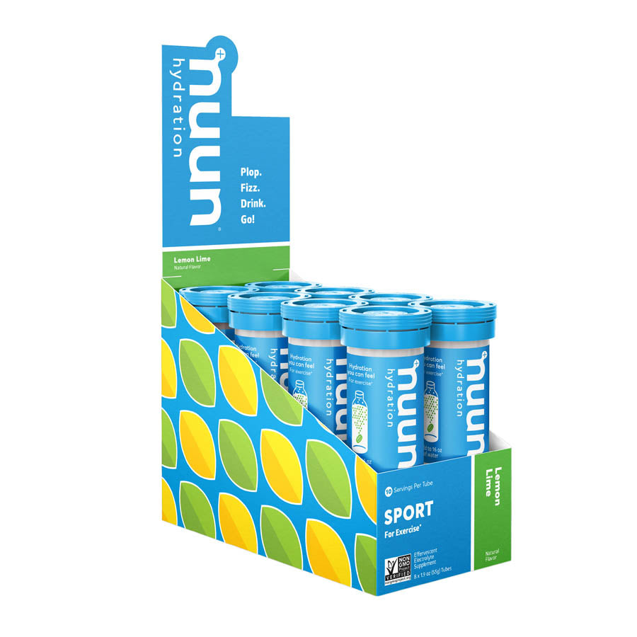 Nuun Sport Tri-Berry drink mix box with 8 sachets, flavored electrolyte powder for hydration and energy.