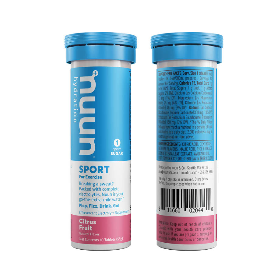 Nuun Sport Tri-Berry drink mix box with 8 packets, each providing 10 servings of flavored hydration.