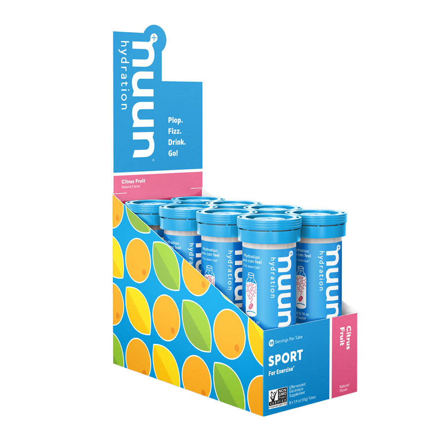 Nuun Sport Tri-Berry drink mix box with 8 servings, featuring colorful individual packets for hydration and flavor.