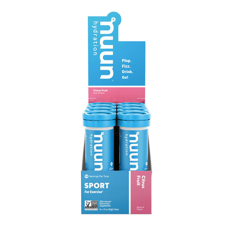 Nuun Sport Tri-Berry drink mix box with 8 packets for 10 servings each, colorful packaging featuring berries and hydration imagery.