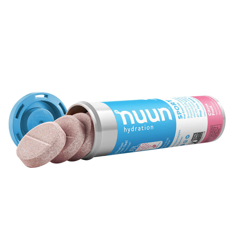 Nuun Sport Tri-Berry drink mix box with 8 servings, featuring a variety of berry flavors in colorful packaging.