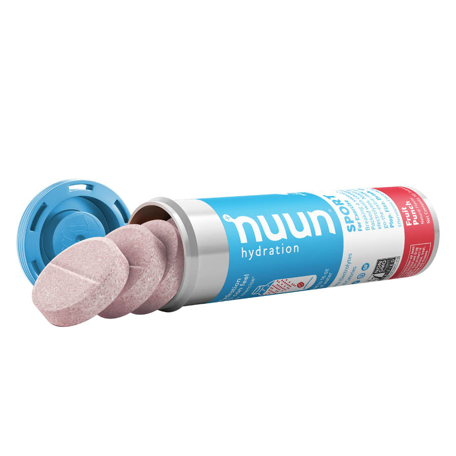 Nuun Sport Tri-Berry drink mix box with 8 packets, showing colorful packets and branding for hydration and flavor.
