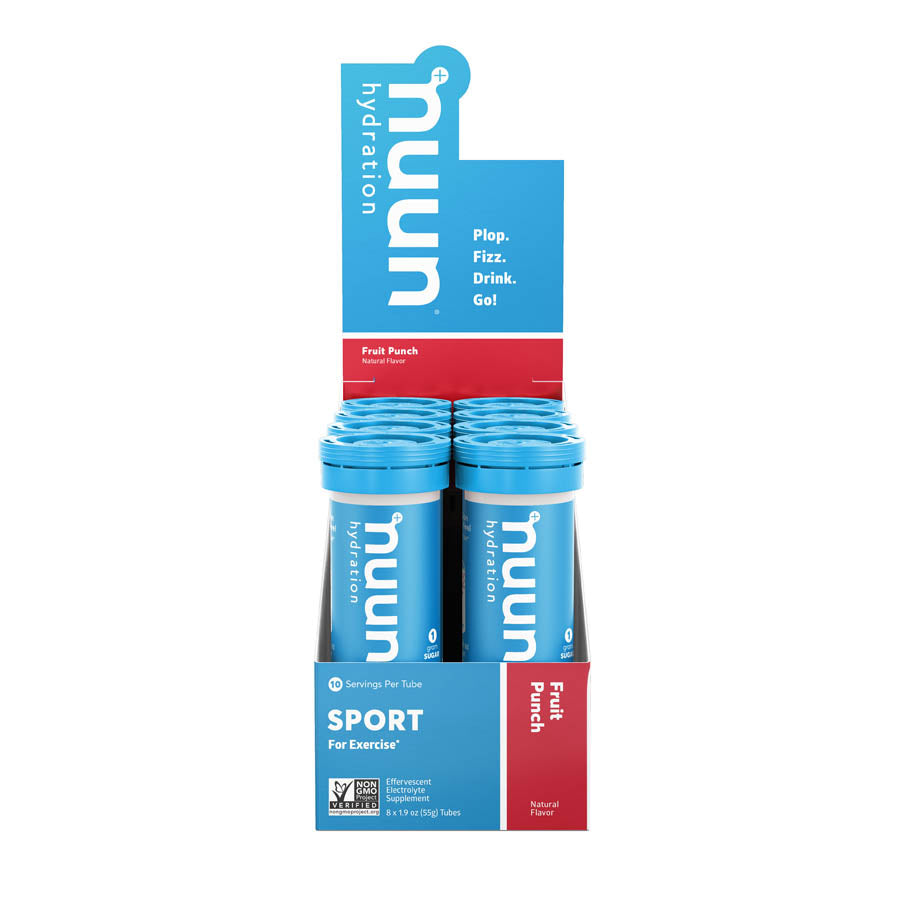 Nuun Sport Tri-Berry drink mix box with 8 packets, showcasing vibrant packaging and flavor variety for hydration.