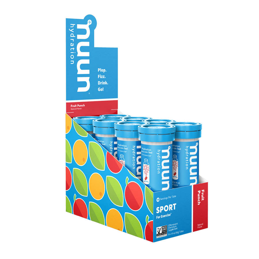 Nuun Sport Tri-Berry drink mix box with 8 packets, each providing 10 servings of flavored hydration for active lifestyles.