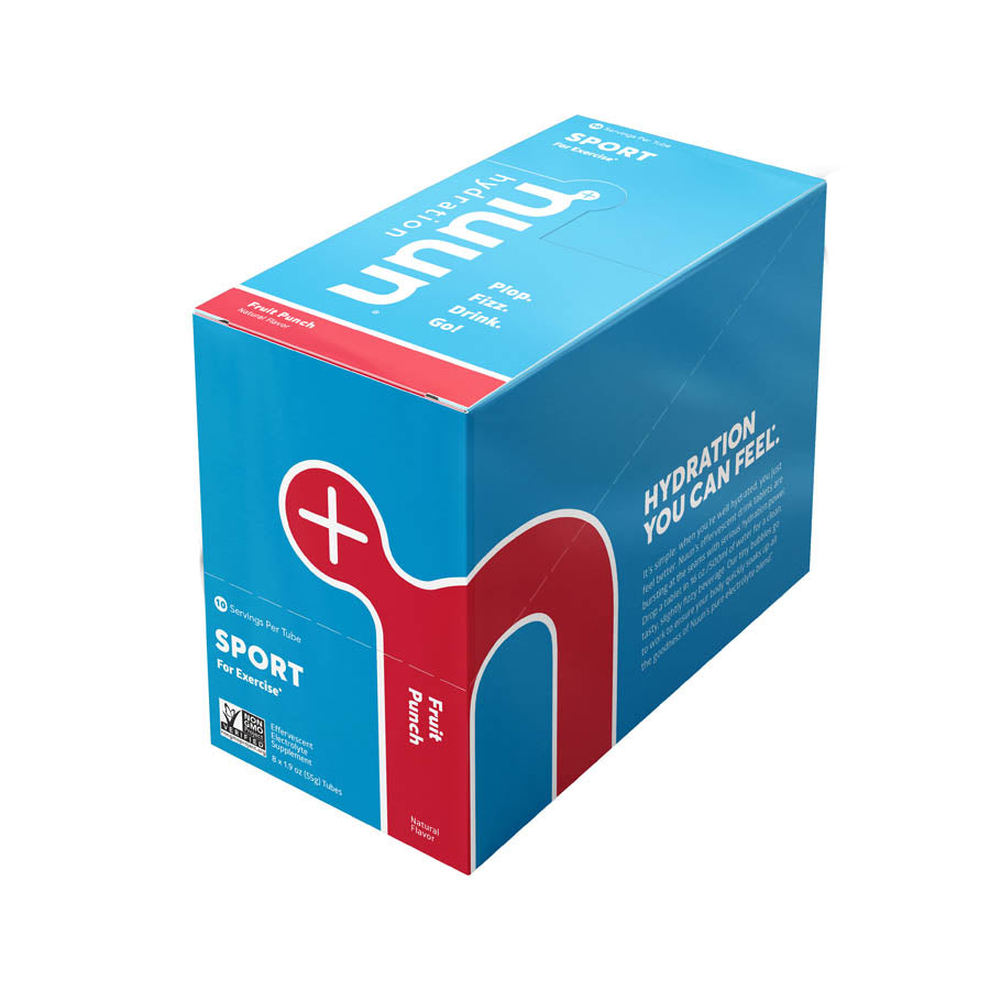 Nuun Sport Tri-Berry drink mix box with 8 packets, each providing 10 servings of flavored electrolyte hydration.