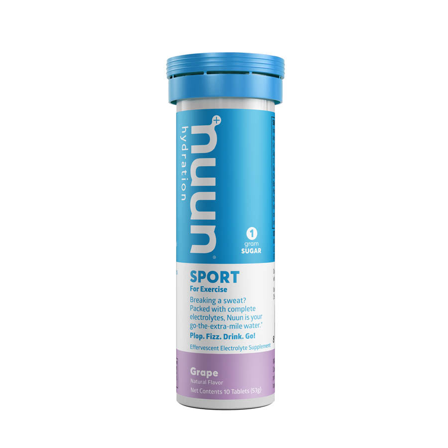 Nuun Sport Tri-Berry drink mix box with 8 pouches, each providing 10 servings of flavored electrolyte hydration.