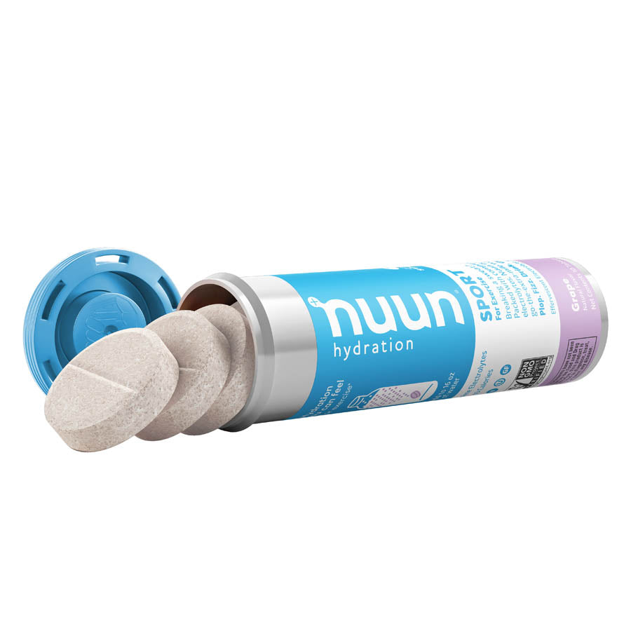 Nuun Sport Tri-Berry drink mix box with 8 servings, featuring colorful packets of flavored hydration powder.