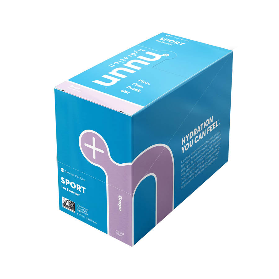 Nuun Sport Tri-Berry drink mix box with 8 servings, featuring colorful packets of flavored electrolyte powder for hydration.