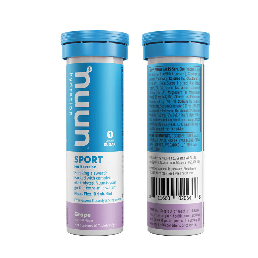 Nuun Sport Tri-Berry drink mix box with 8 packets, showing colorful packets and branding for hydration and sports performance.