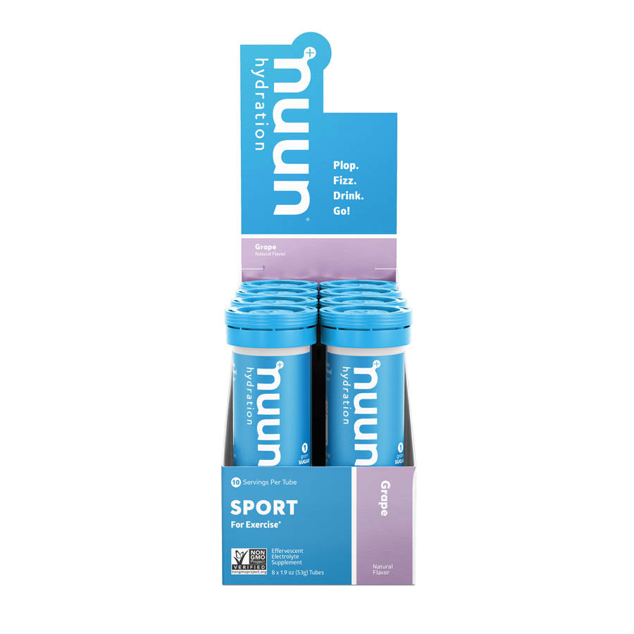 Nuun Sport Tri-Berry drink mix box with 8 servings, featuring colorful packets for hydration and electrolyte replenishment.
