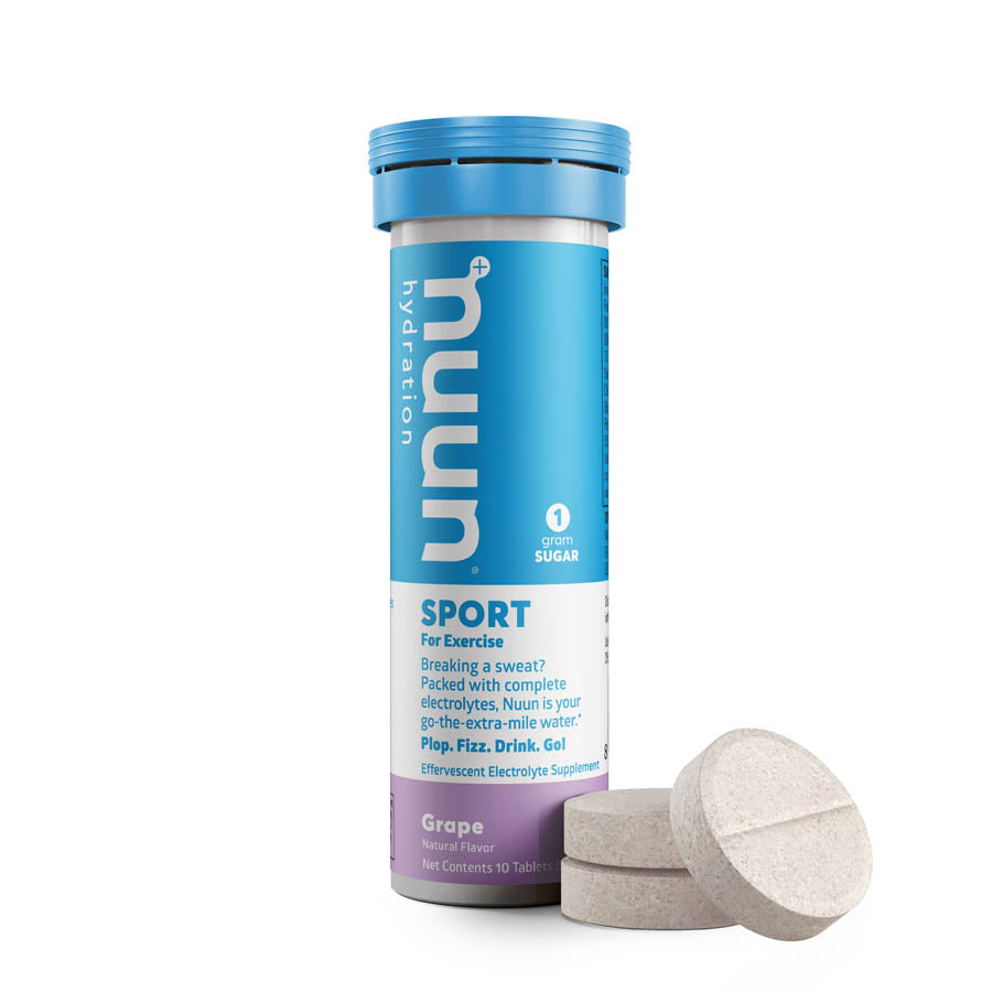 Nuun Sport Tri-Berry flavored drink mixes in a box of 8, with 10 servings, showing colorful packets and branding.