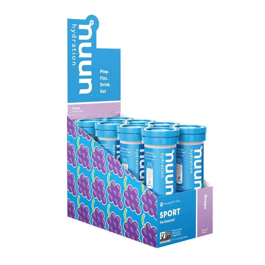 Nuun Sport Tri-Berry drink mix box with 8 packets, showing colorful packets and brand logo on the packaging.