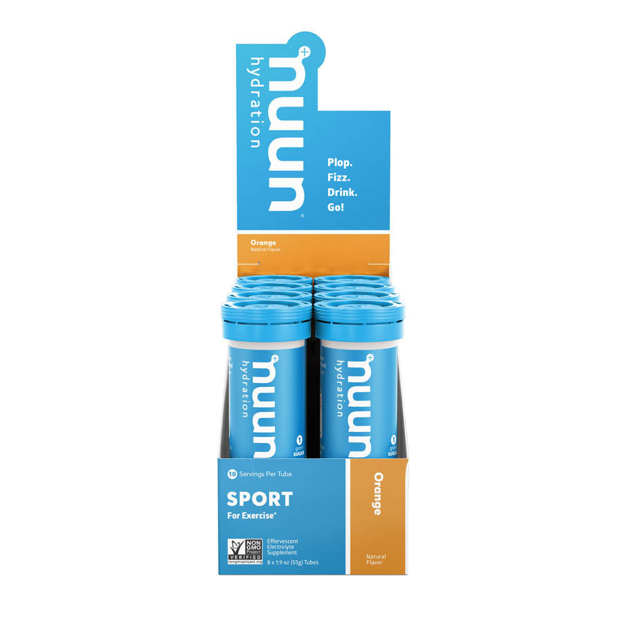 Nuun Sport Tri-Berry drink mix box with 8 servings, featuring a colorful box and individual sachets for hydration.