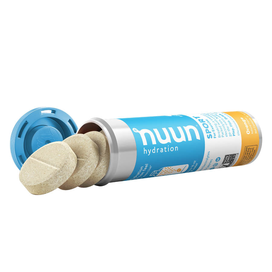 Nuun Sport Tri-Berry drink mix box with 8 packets, showing colorful packaging and flavor images for hydration and energy.