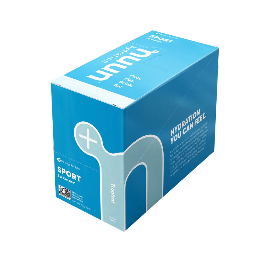 Nuun Sport Tri-Berry drink mix box with 8 packs, each providing 10 servings of flavored hydration powder.