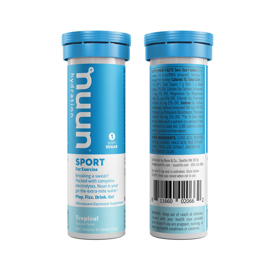 Nuun Sport Tri-Berry flavor drink mix box with 8 servings, showing colorful individual packets for hydration and energy.