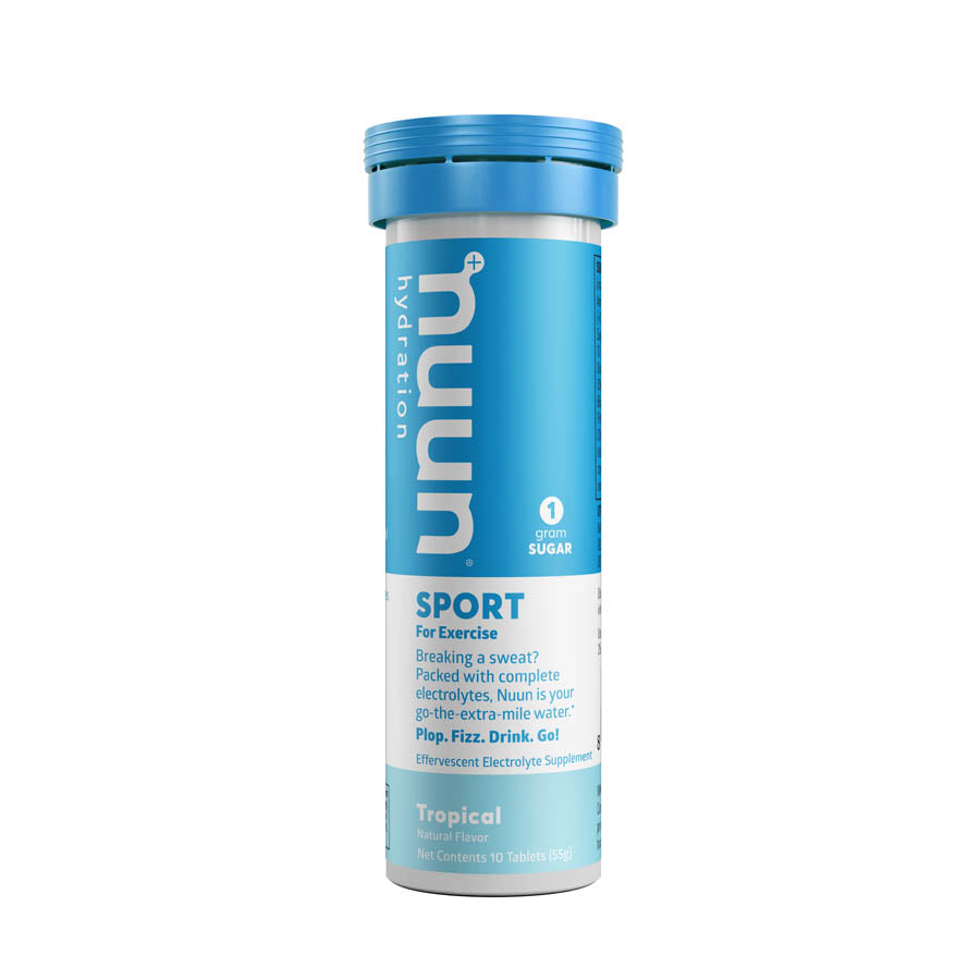 Nuun Sport Tri-Berry drink mix box containing 8 packets for 10 servings each, with colorful packaging and flavor details.