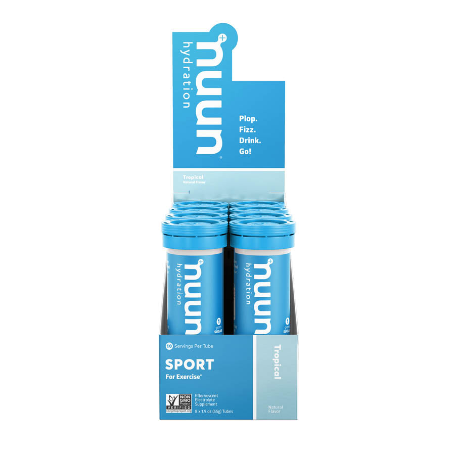 Box of 8 Nuun Sport Tri-Berry drink mix tablets for hydration and energy, shown in colorful packaging.