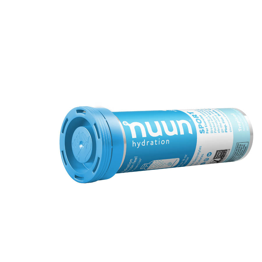 Nuun Sport Tri-Berry drink mix box with 8 servings, featuring colorful packets for hydration and flavor.