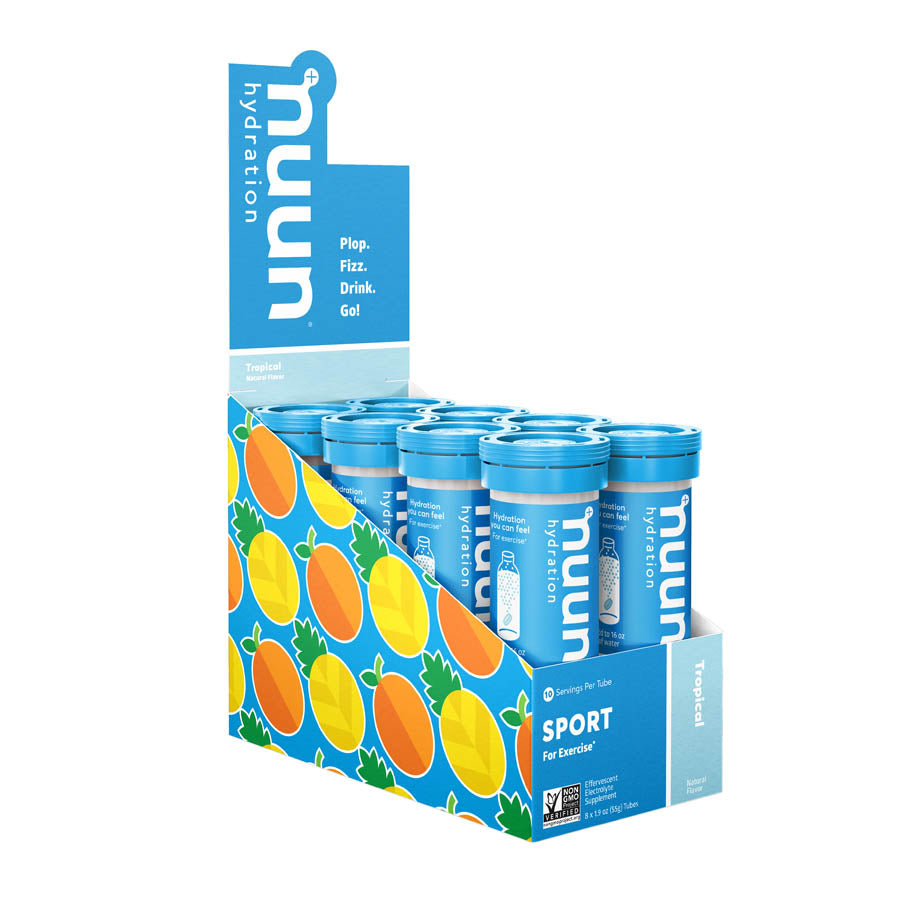 Nuun Sport Tri-Berry drink mix box with 8 single-serving packets, flavored electrolyte hydration for active lifestyles.