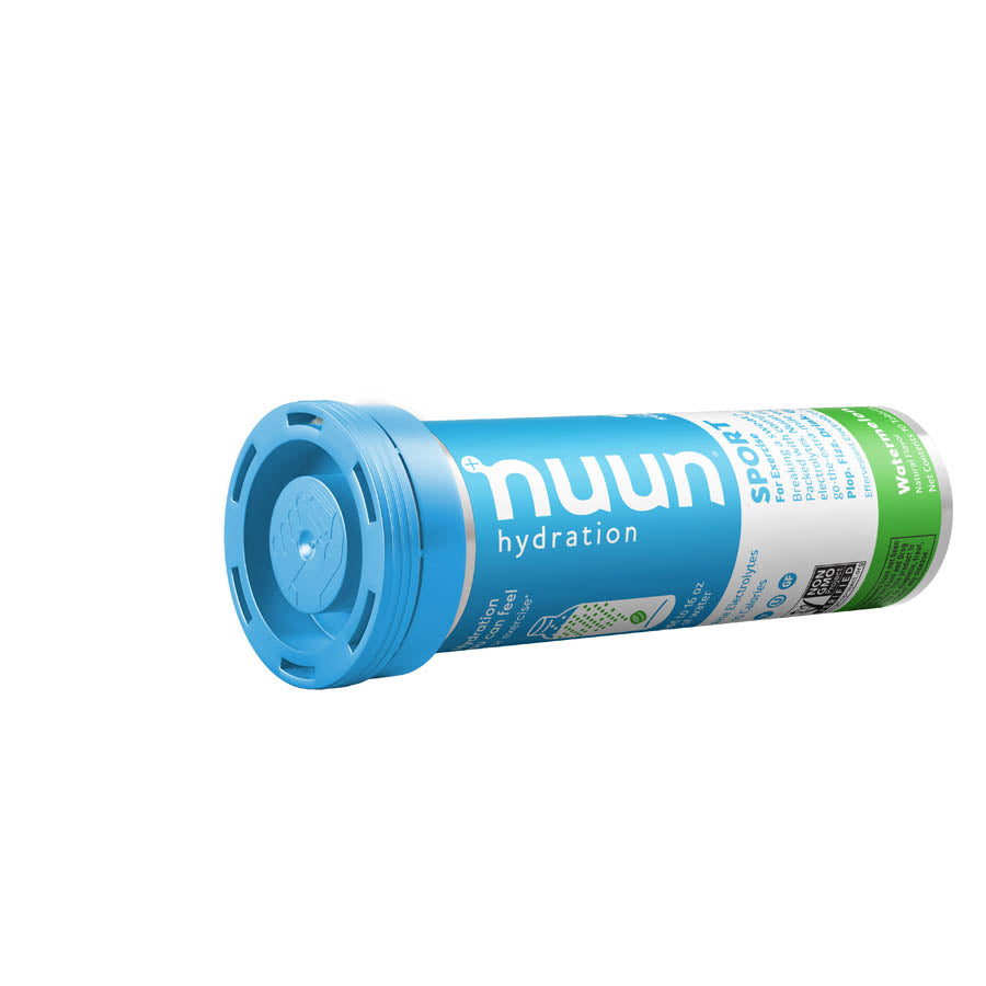 Nuun Sport Tri-Berry drink mix box with 8 packets, showing colorful packets of flavored hydration powder for active hydration.