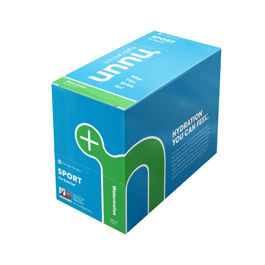 Nuun Sport Tri-Berry drink mix box with 8 packets, each providing 10 servings of flavored hydration powder.