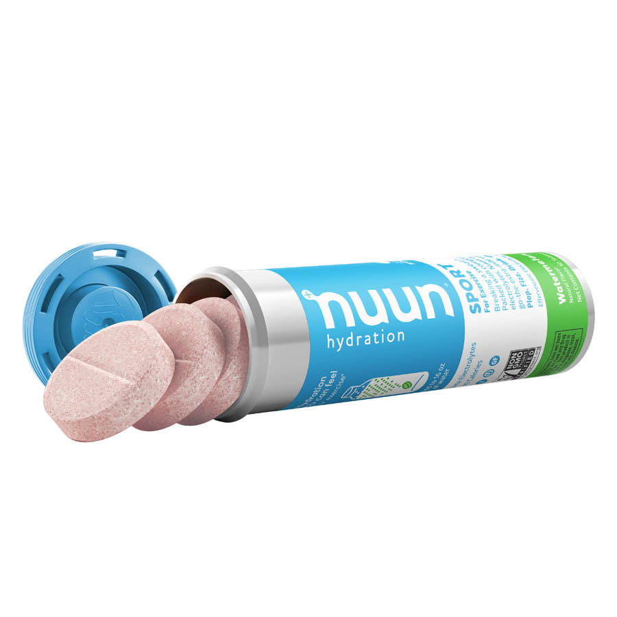 Nuun Sport Tri-Berry drink mix box with 8 packets, each providing 10 servings of flavored electrolyte hydration.