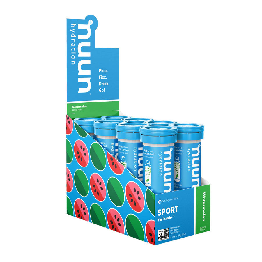 Nuun Sport Tri-Berry drink mix box with 8 packets for 10 servings each, featuring vibrant berry flavors and hydration mix.