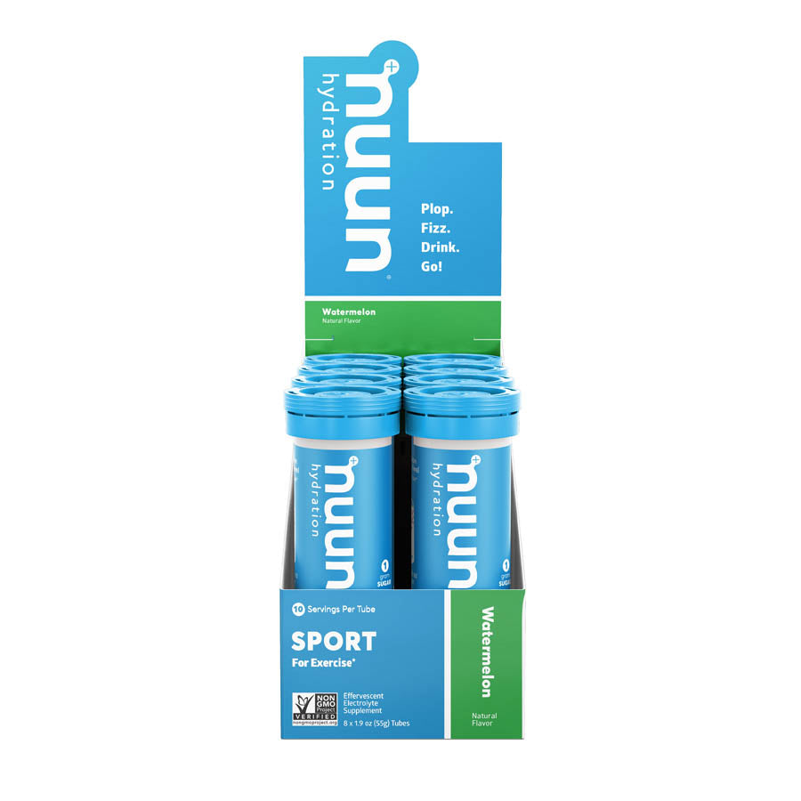 Nuun Sport Tri-Berry drink mix box with 8 packets, showing colorful packaging and flavor details for hydration and energy.