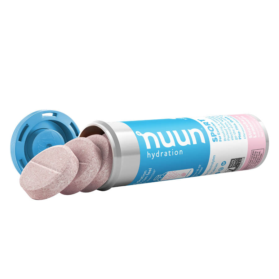 Nuun Sport Tri-Berry drink mix box with 8 servings, featuring colorful packets for hydration and electrolyte replenishment.