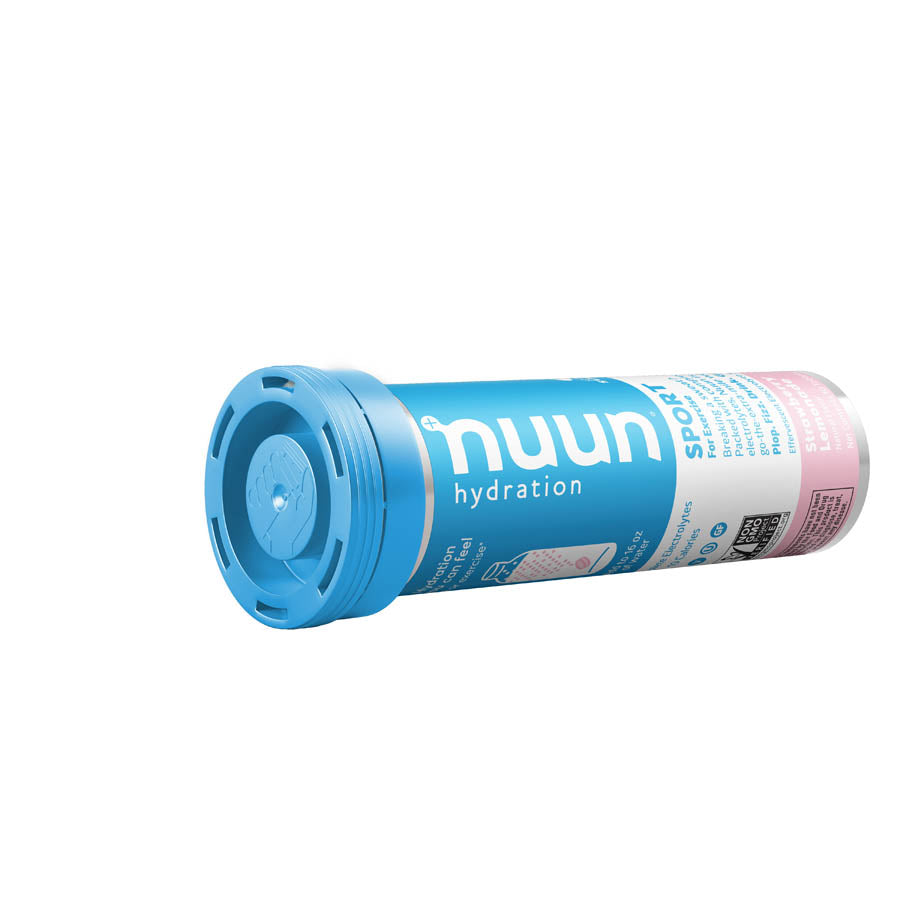 Nuun Sport Tri-Berry drink mix box with 8 packets, each providing 10 servings of flavored hydration for active lifestyles.