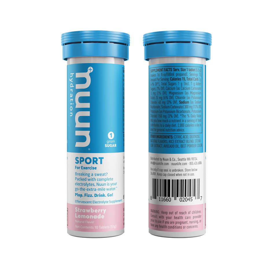 Nuun Sport drink mix box with tri-berry flavor, showing eight individual packets for hydration and electrolyte replenishment.