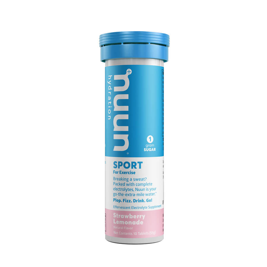 Nuun Sport Tri-Berry drink mix box with 8 servings, featuring colorful packets for flavored hydration.