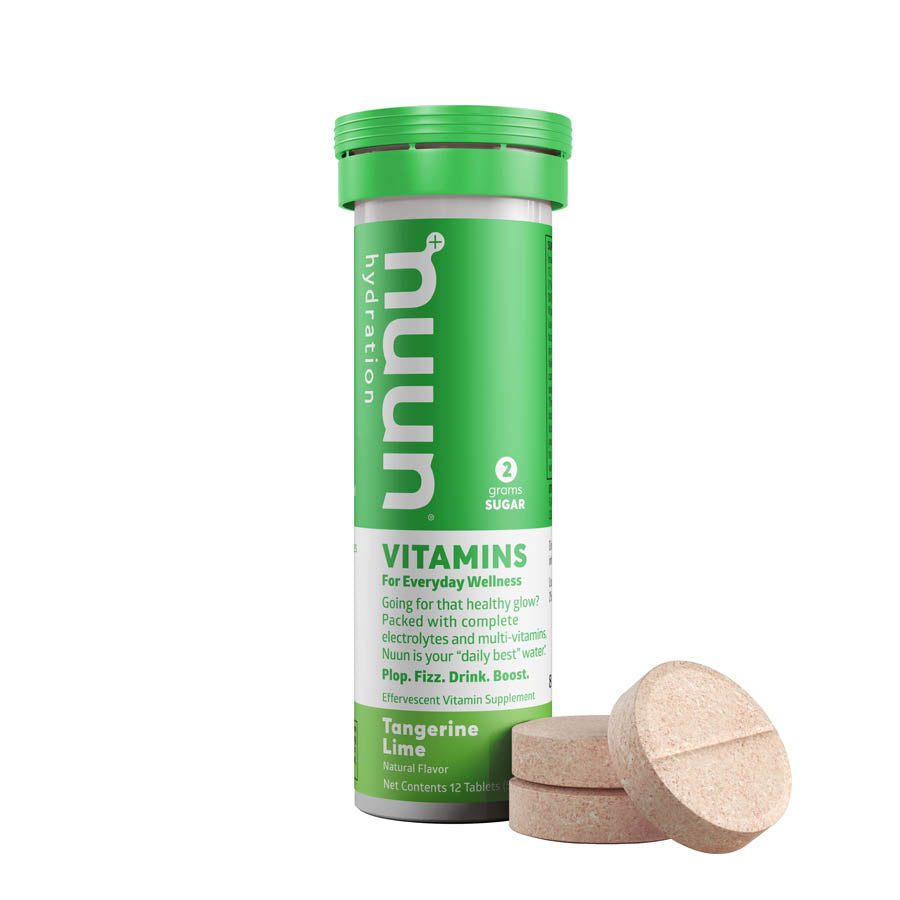 Nuun vitamins drink mixes box featuring blueberry pomegranate flavor, 8 packs with 12 servings each, for hydration and wellness.