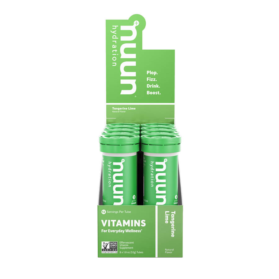 Nuun Blueberry Pomegranate Vitamin Drink Mix box with 8 packets, each providing 12 servings of flavored vitamin-enhanced hydration.