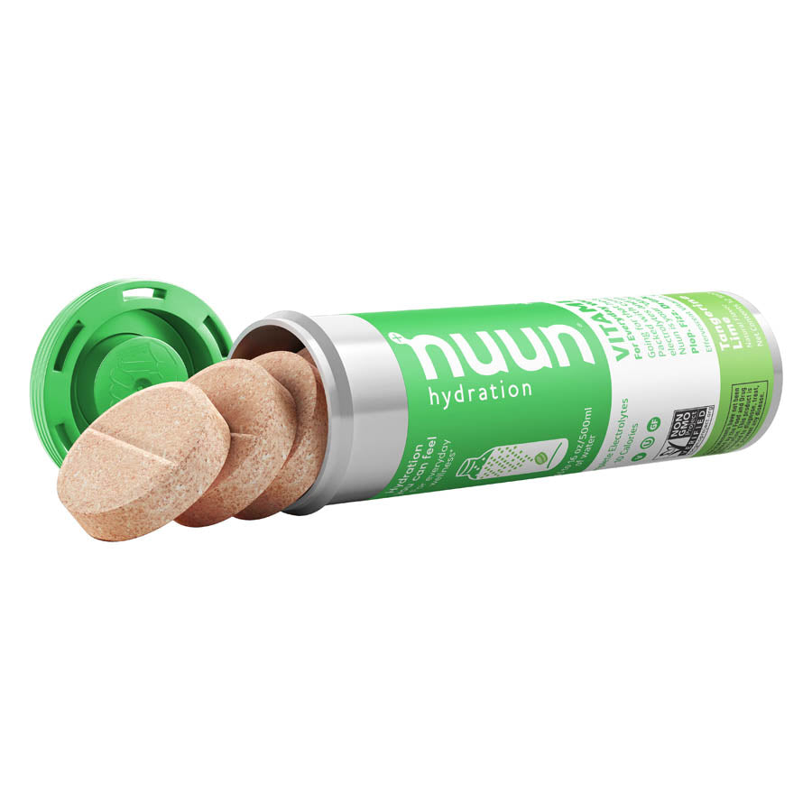 Nuun vitamins drink mix box with blueberry pomegranate flavor, showing 8 packets for 12 servings each in a colorful box.