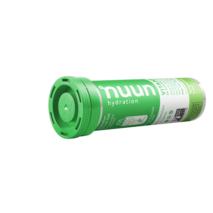 Nuun blueberry pomegranate vitamin drink mix box with 8 packs, each providing 12 servings of flavored powder for hydration and wellness.