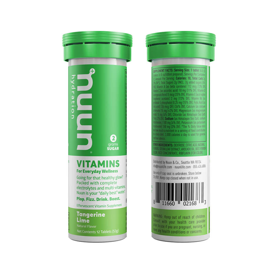 Nuun vitamins drink mix box with blueberry pomegranate flavor, containing 8 servings in a colorful package.